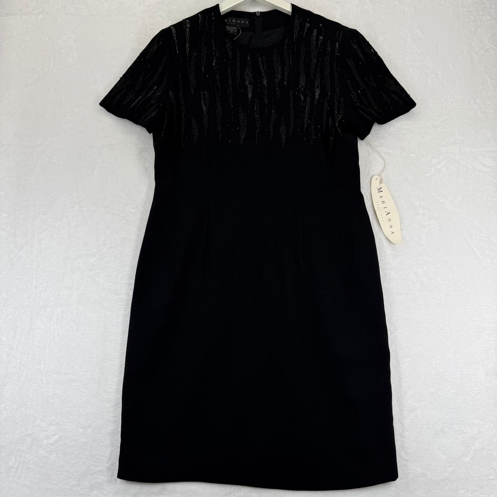 Marianna New York Black Beaded Short Sleeve Sheath Dress Petite‎ 12 NWT 55206